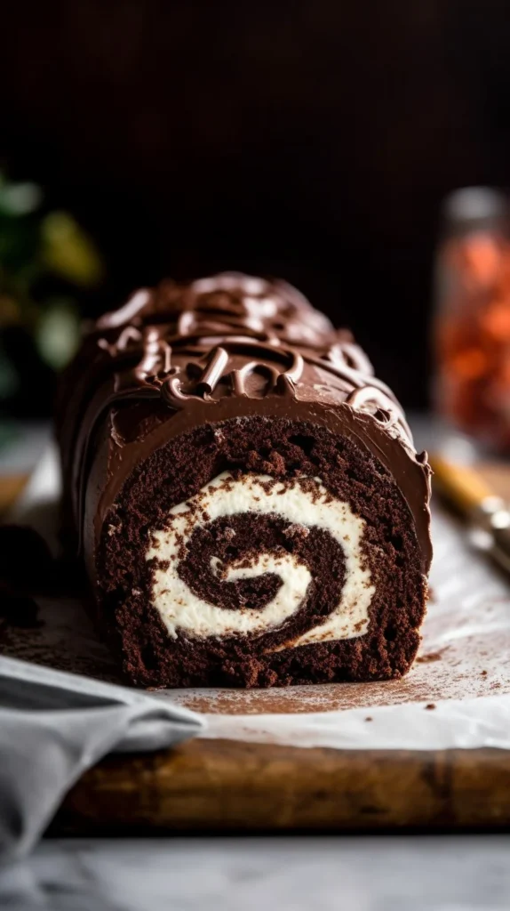 Homemade chocolate swiss roll with cream filling and chocolate icing.