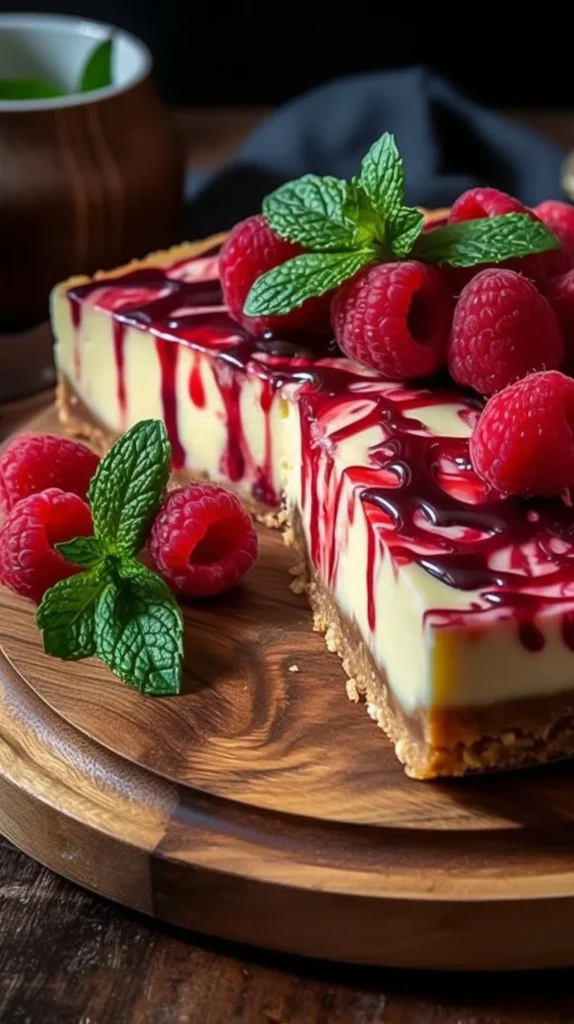 Decadent white chocolate raspberry truffle cheesecake with fresh raspberries