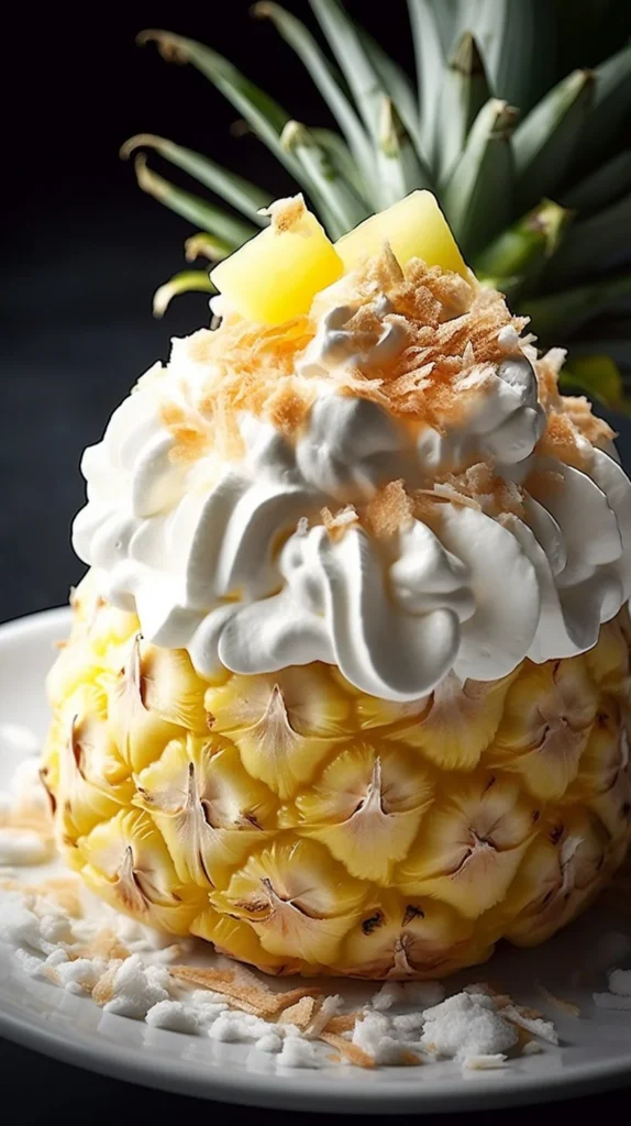 Delicious and creamy Pineapple Fluff dessert topped with fresh pineapple.