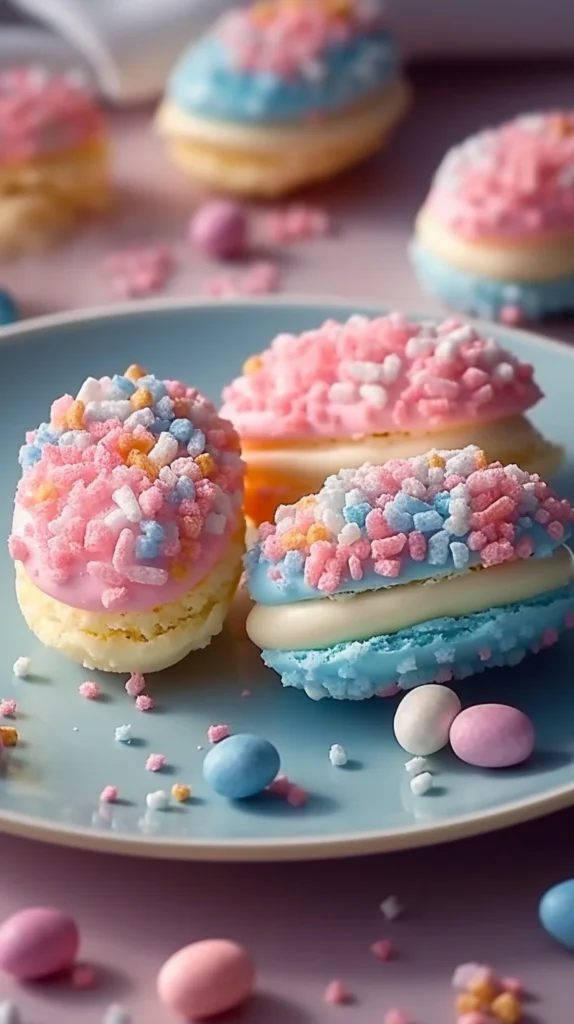Cotton candy cheesecake bombs with colorful sprinkles on a white plate