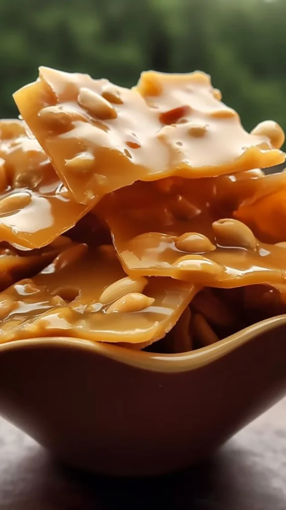 Jalapeño peanut brittle with spicy and crunchy peanut mix on a wooden table