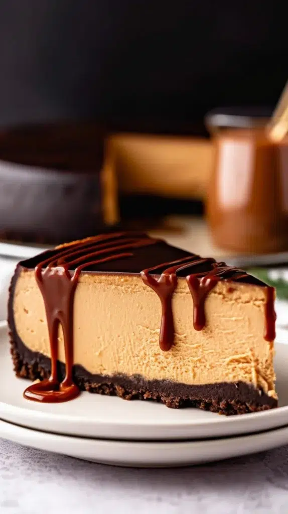 Delicious slice of Kahlua cheesecake topped with cocoa powder and coffee beans