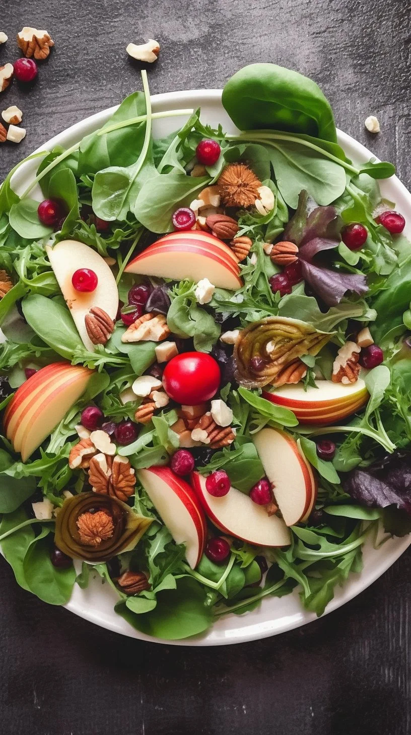 Kale Salad with Fall fruits and Cider Poppy Seed Dressing on a wooden table
