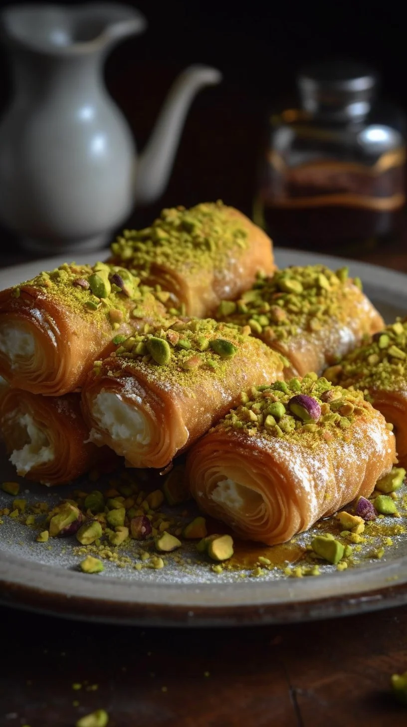 Delicious Kataifi Rolls with Pistachio served on a plate