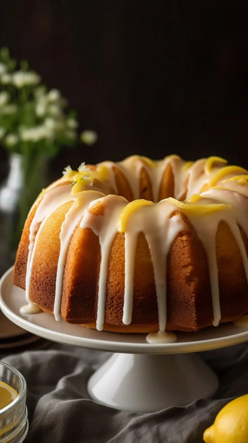 Delicious lemon cake with frosting and lemon slices on a platter