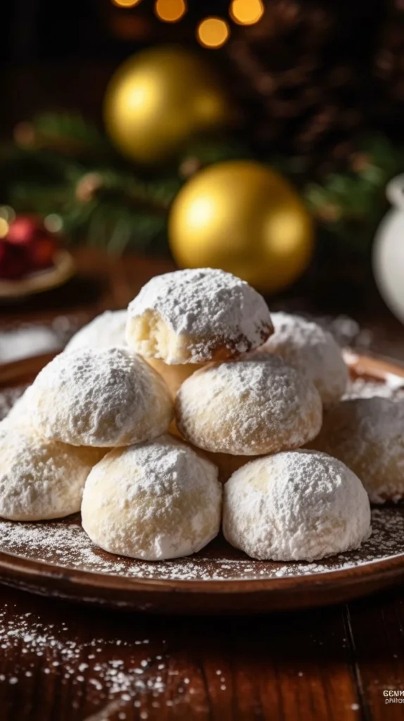 Lemon Cream Snowball Cookies dusted with powdered sugar on a plate