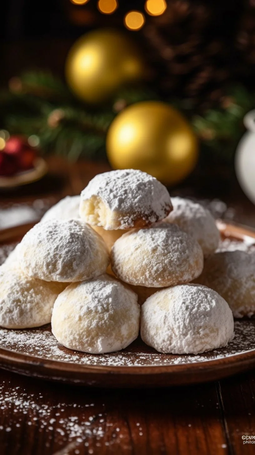 Lemon Cream Snowball Cookies dusted with powdered sugar on a plate