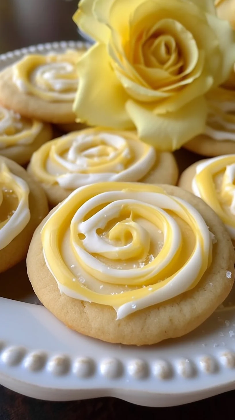 Freshly baked lemon sugar cookies on a plate with a lemon slice garnish