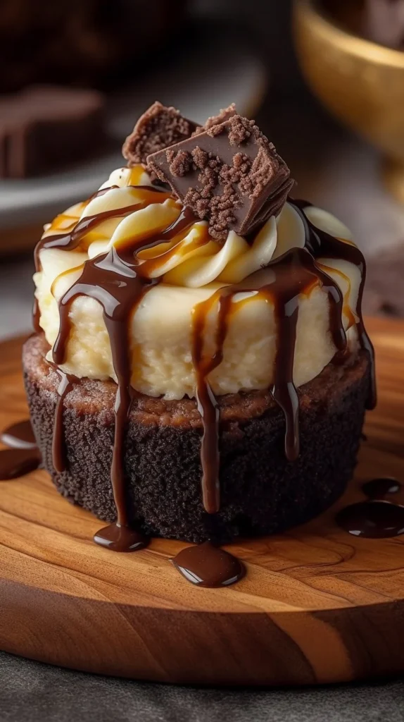 Delicious Loaded Brownie Cheesecake Cups with chocolate and cream cheese filling.