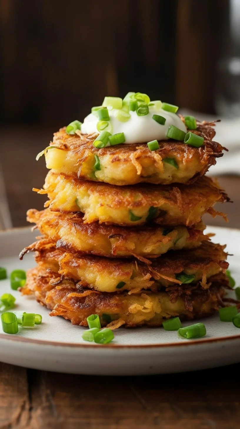 Delicious loaded mashed potato cakes garnished with green onions and cheese.