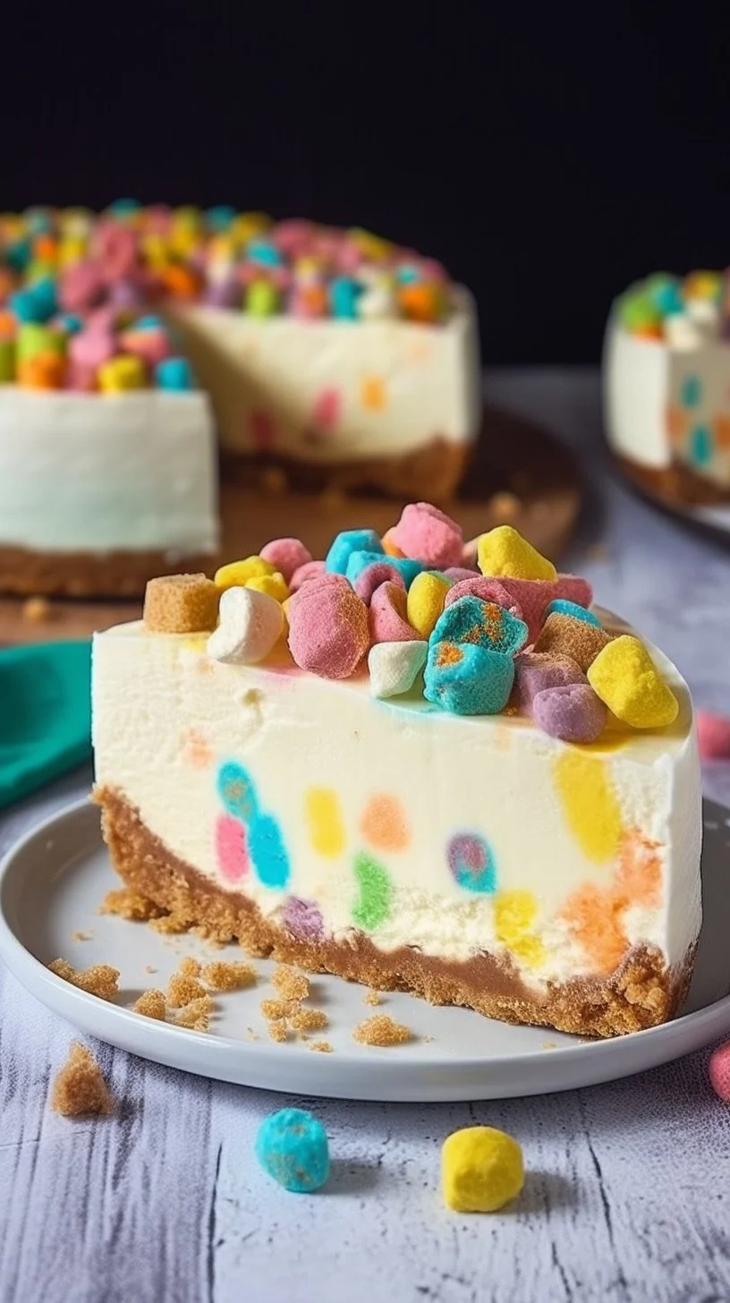 Delicious Lucky Charms Cheesecake topped with colorful marshmallows