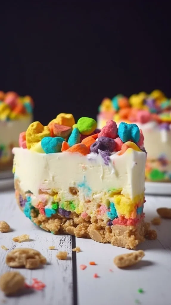 Slice of Lucky Charms Cheesecake topped with colorful marshmallows