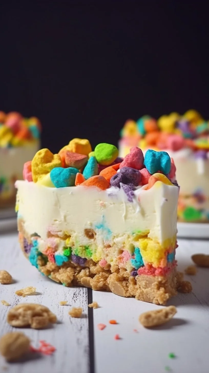 Slice of Lucky Charms Cheesecake topped with colorful marshmallows