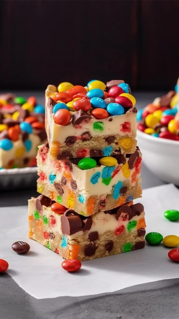 Delicious M and M Cookie Dough Fudge with colorful M&M candies