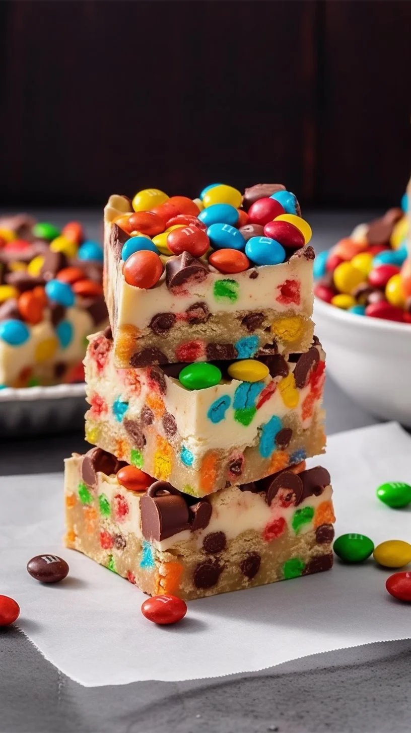 Delicious M and M Cookie Dough Fudge with colorful M&M candies