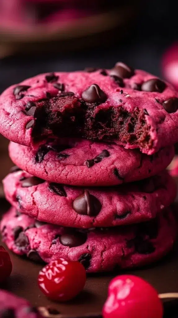 Maraschino Cherry Chocolate Chip Cookies on a plate with sprinkles