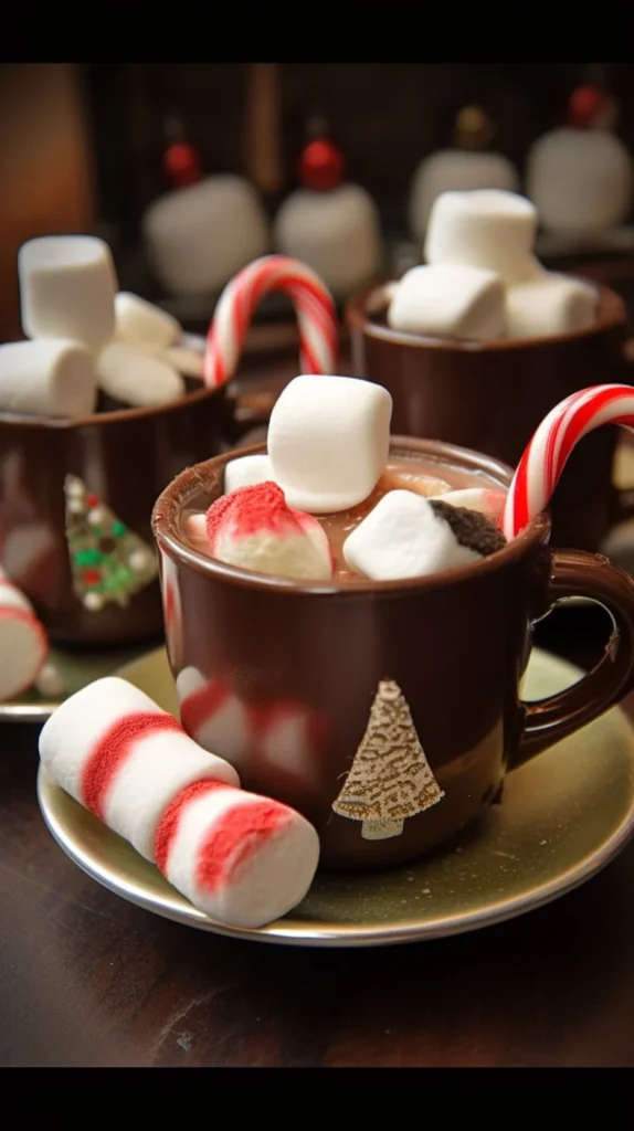Marshmallow hot cocoa mugs with snowmen hats for festive winter drinks