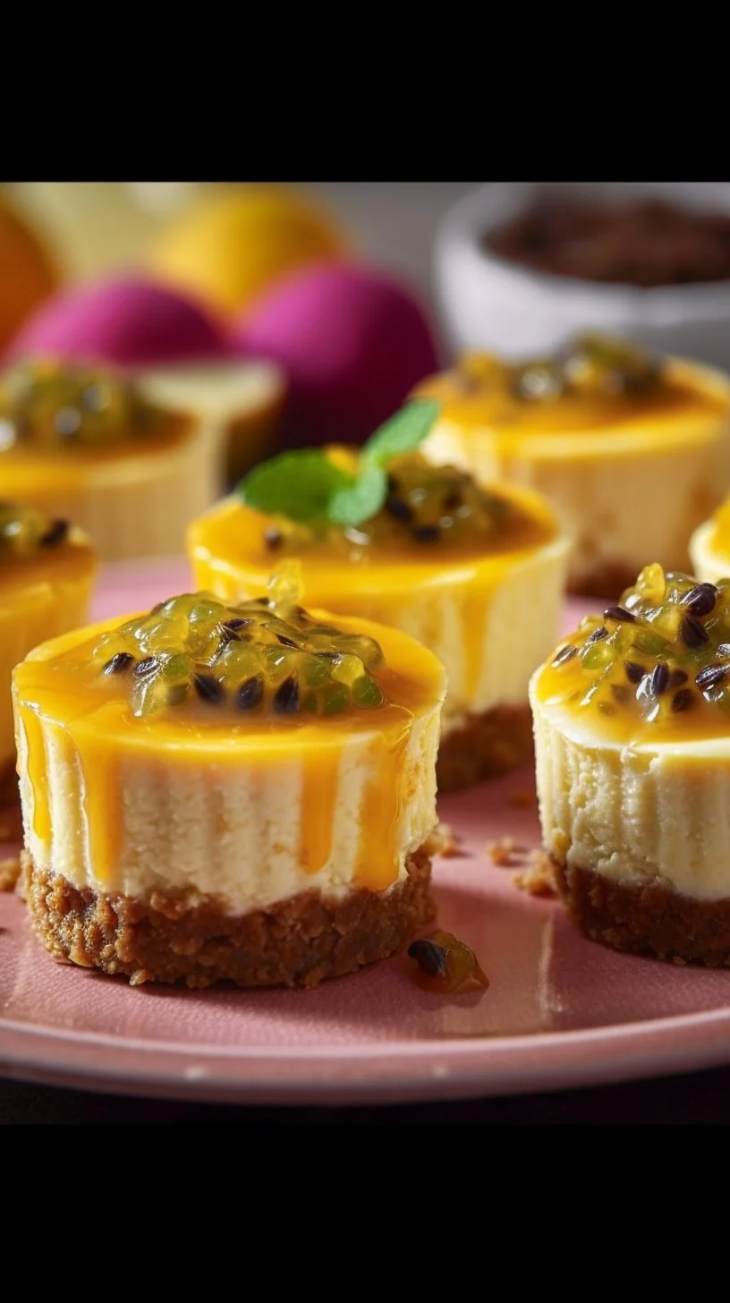 Mini passionfruit cheesecakes topped with condensed milk and garnished with fresh fruit