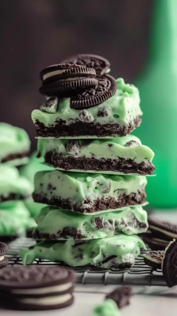 Delicious Mint Oreo Bark dessert with green mint and Oreo cookies