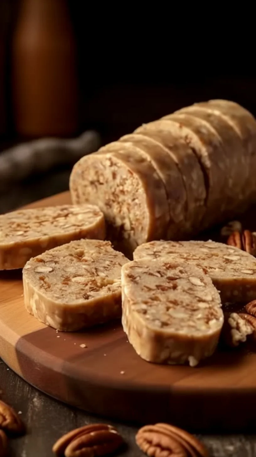 Nana's no-bake pecan log dessert on a plate with nuts