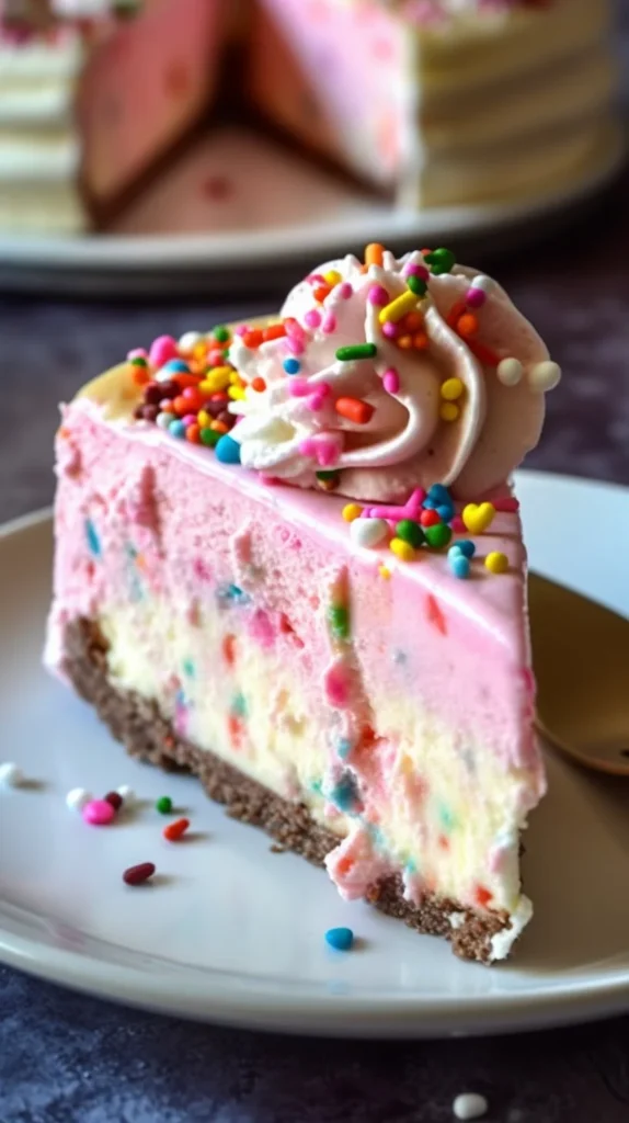 No-bake circus animal cookie cheesecake topped with colorful cookies and sprinkles.