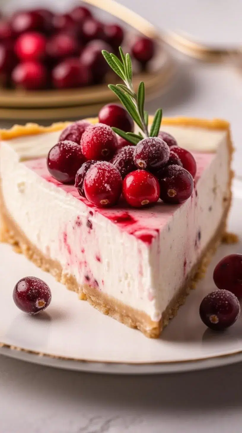 Delicious no-bake cranberry pie on a plate, topped with fresh cranberries.