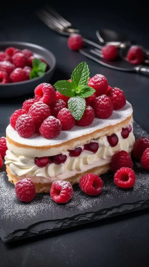 Delicious no-bake mascarpone-raspberry log dessert garnished with fresh raspberries