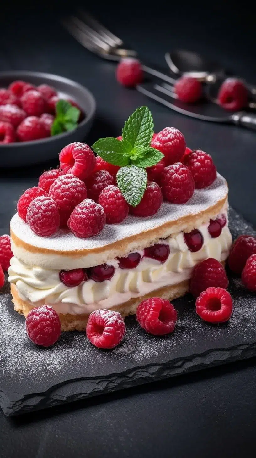 Delicious no-bake mascarpone-raspberry log dessert garnished with fresh raspberries