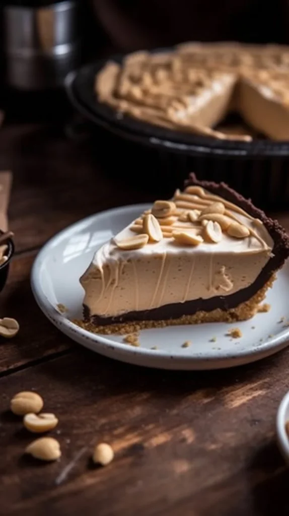 Delicious no bake peanut butter pie garnished with chocolate and peanuts