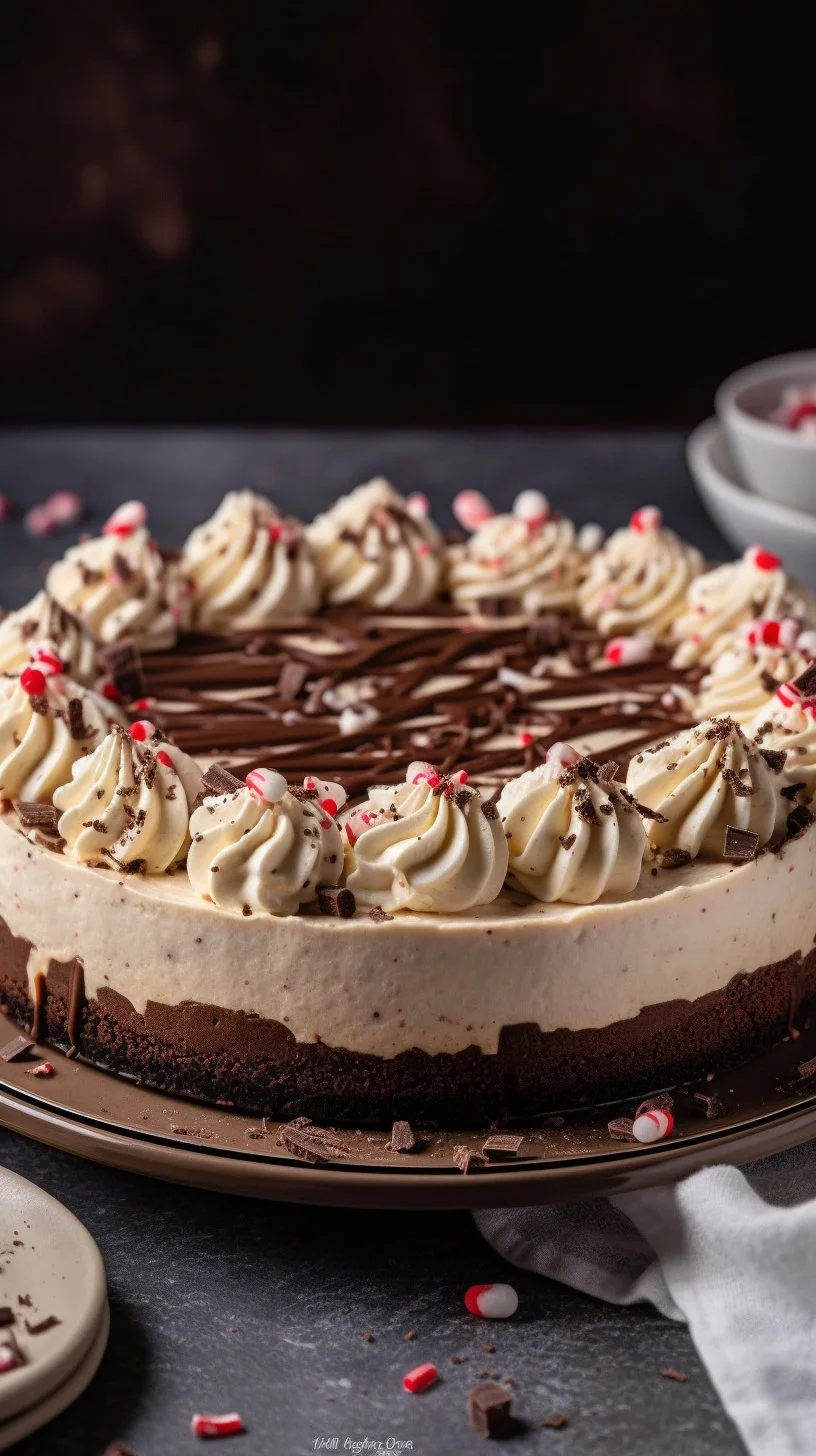 No Bake Peppermint Bark Cheesecake topped with crushed candy canes