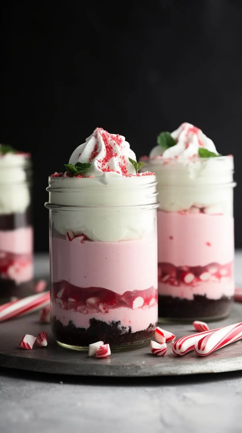 No-bake peppermint cheesecake jars topped with crushed peppermint candy.