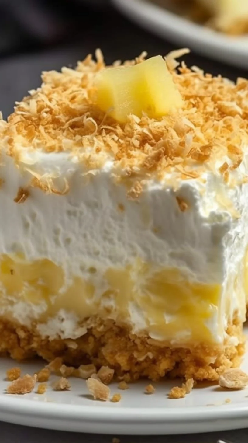 Delicious no bake pineapple cream dessert served in a glass dish.