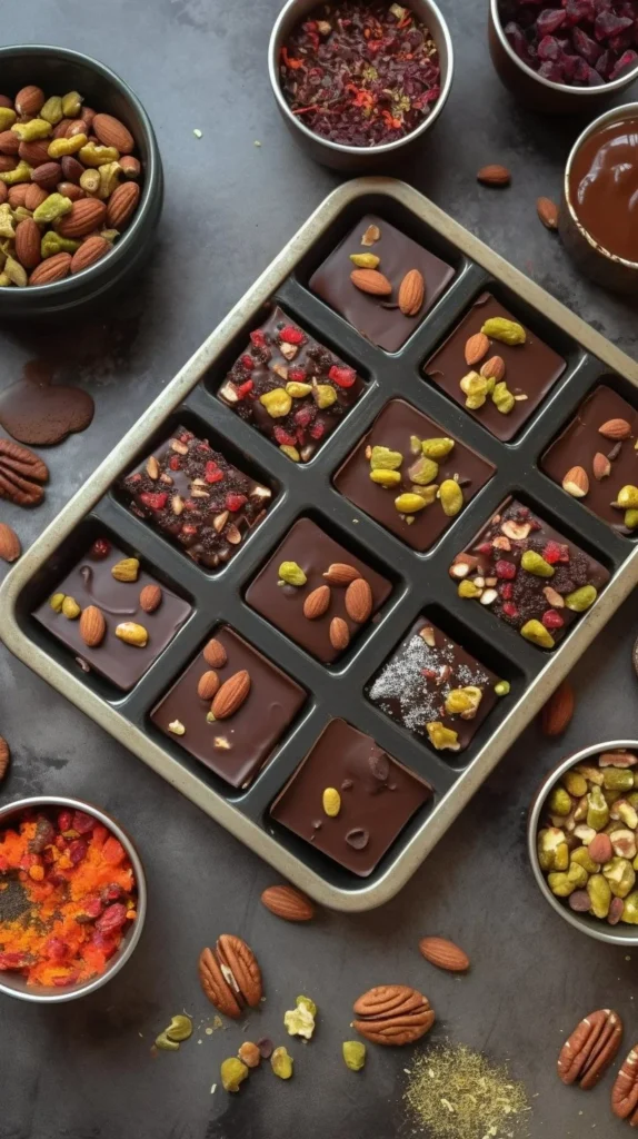 No bake tahini brownies topped with chocolate and nuts