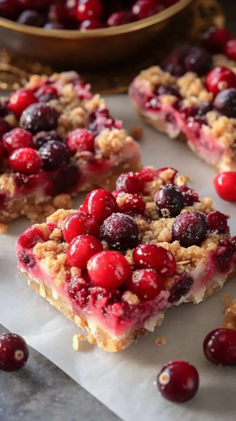 Delicious oatmeal cranberry bars with oats and cranberries on a wooden table.
