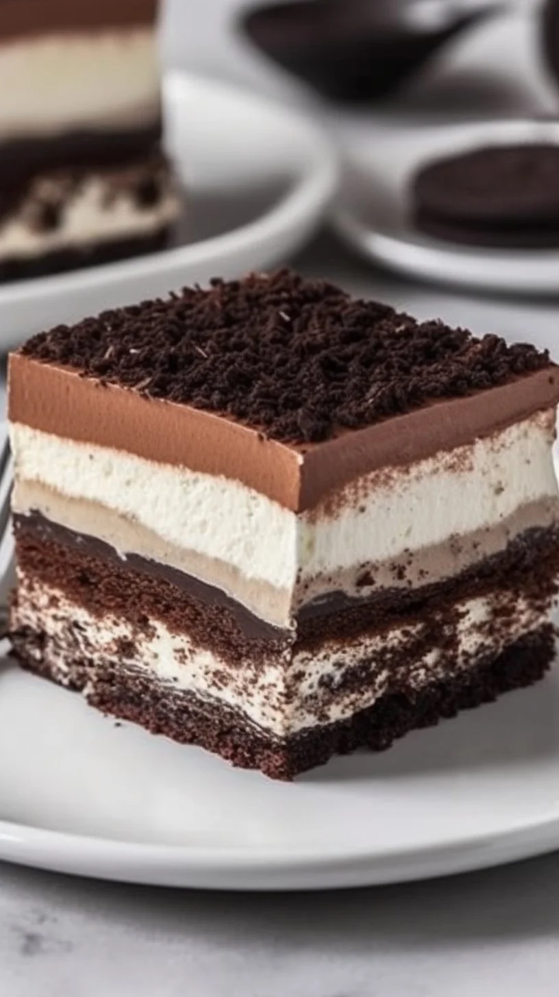 Delicious OREO lasagna dessert with layers of cookies and cream.