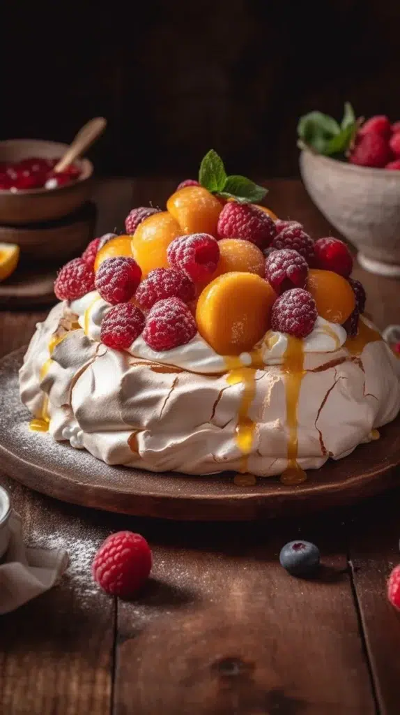 Delicious Pavlova dessert topped with fresh fruits and cream