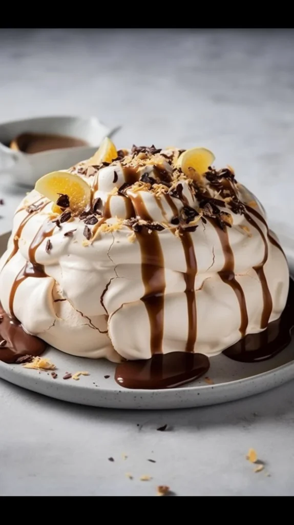 Pavlova dessert topped with Baileys custard and fresh fruits.