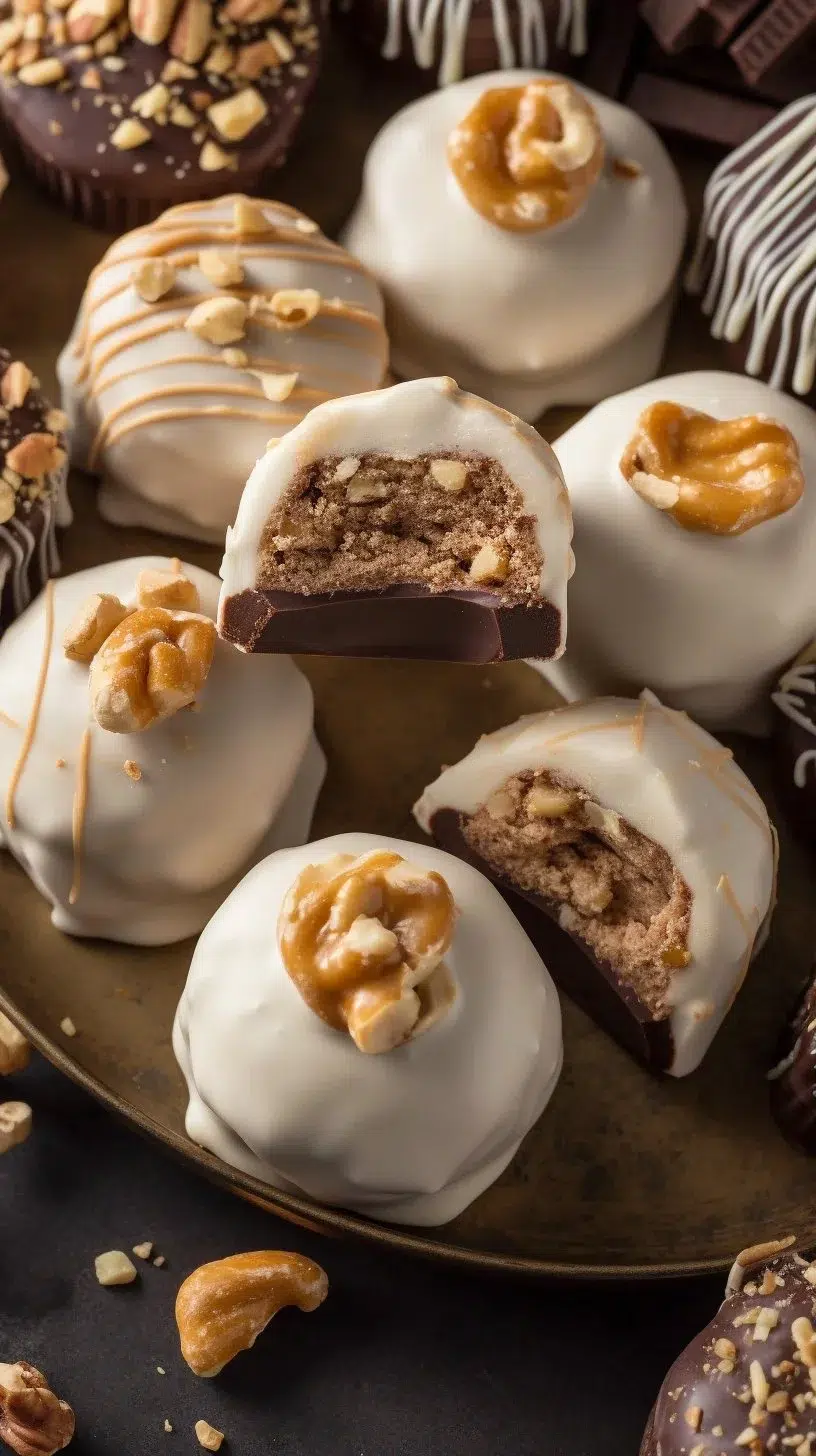 Delicious PayDay Truffles displayed on a wooden platter