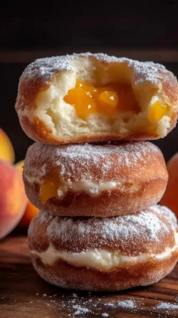 Delicious Peach Cheesecake Donuts with creamy frosting and peach topping