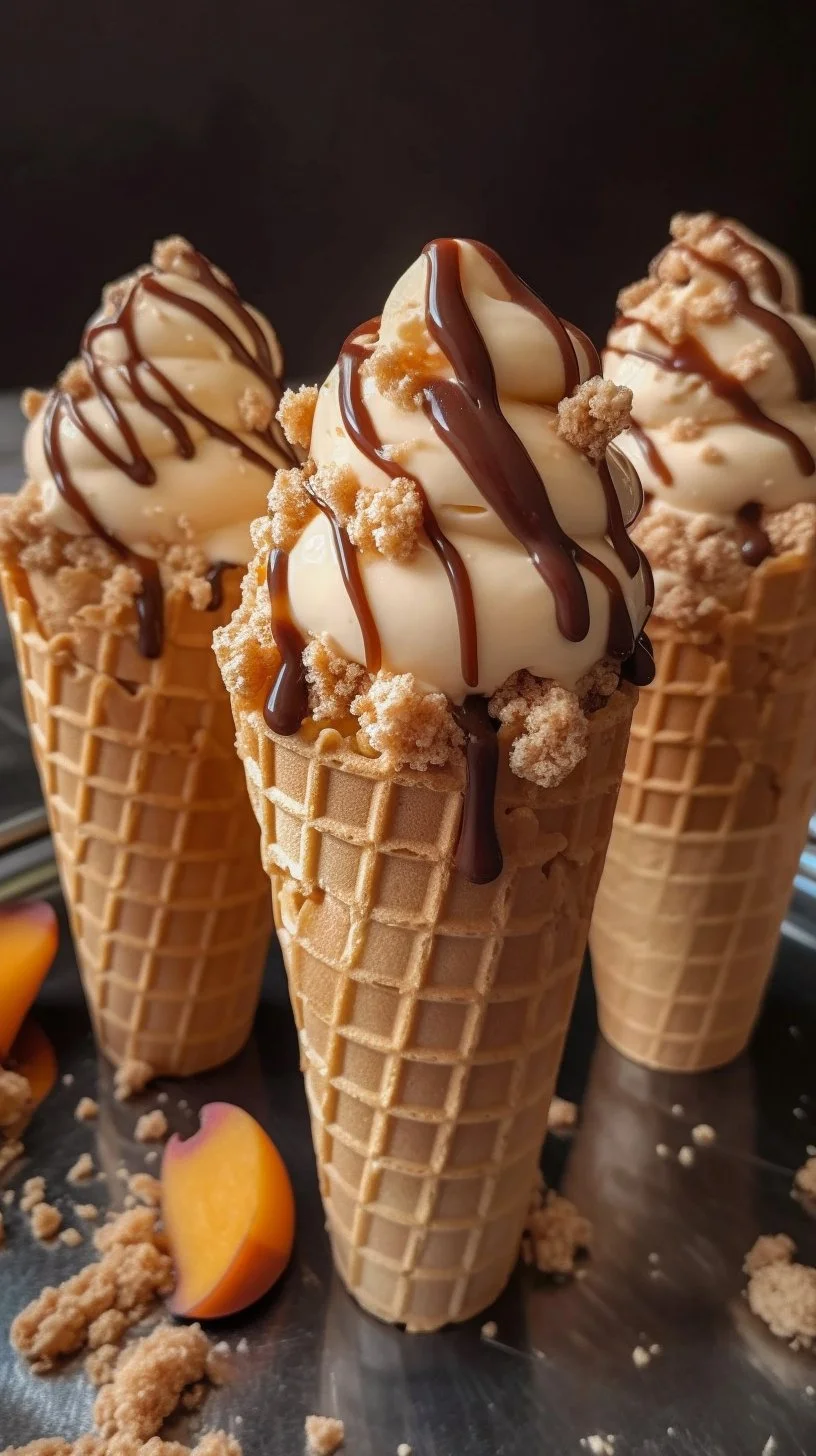 Peach Cobbler Cheesecake Cones topped with peach slices and crumbles