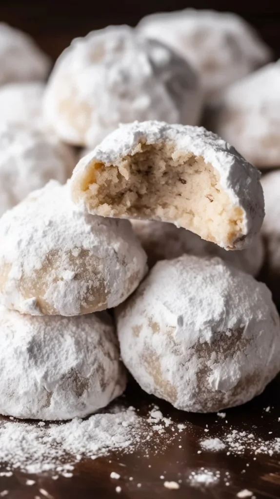 Plate of deliciously baked Pecan Snowball Cookies sprinkled with powdered sugar