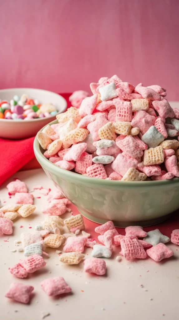 Delicious Peppermint Bark Puppy Chow recipe served in a festive bowl.