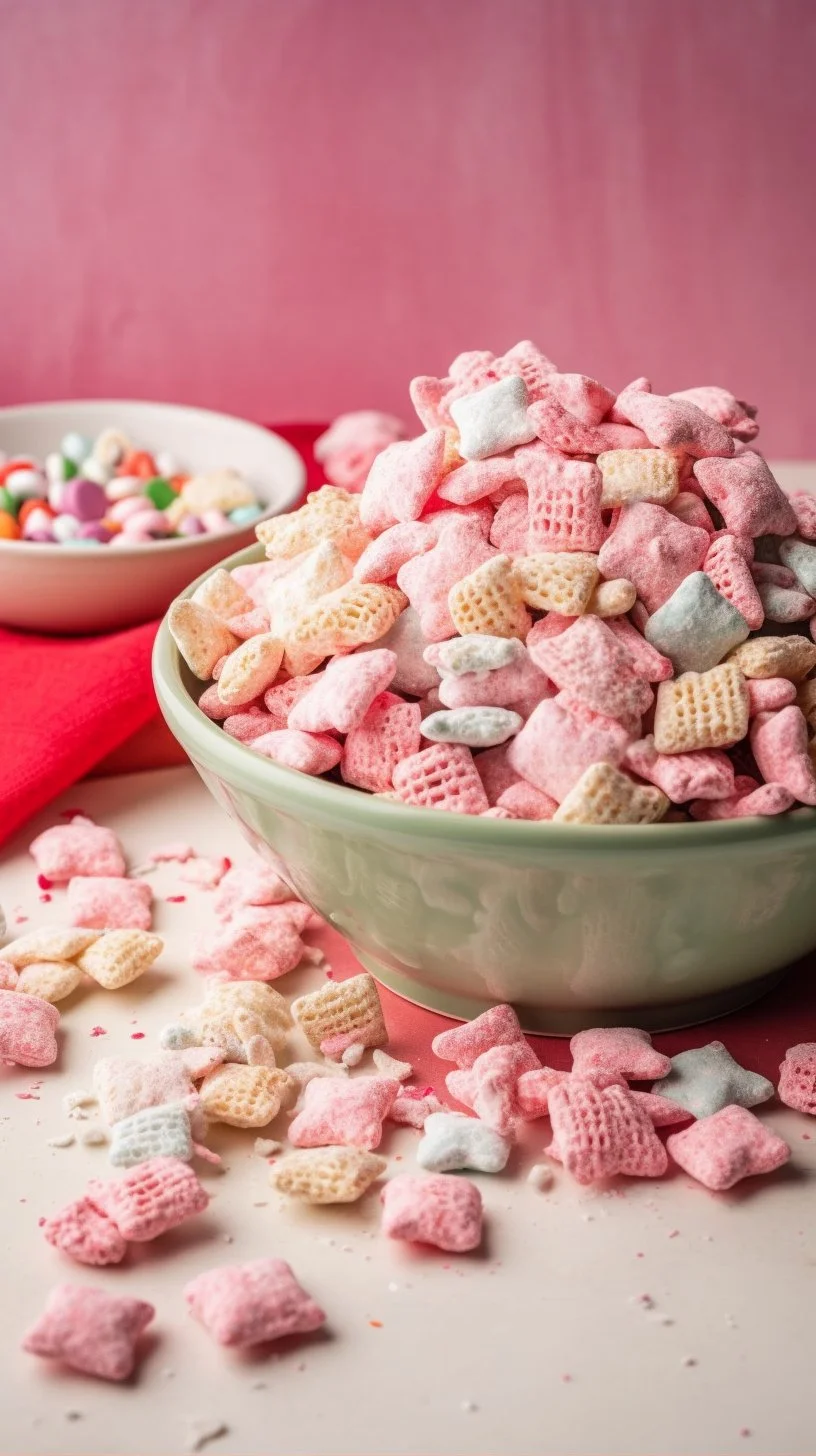 Delicious Peppermint Bark Puppy Chow recipe served in a festive bowl.