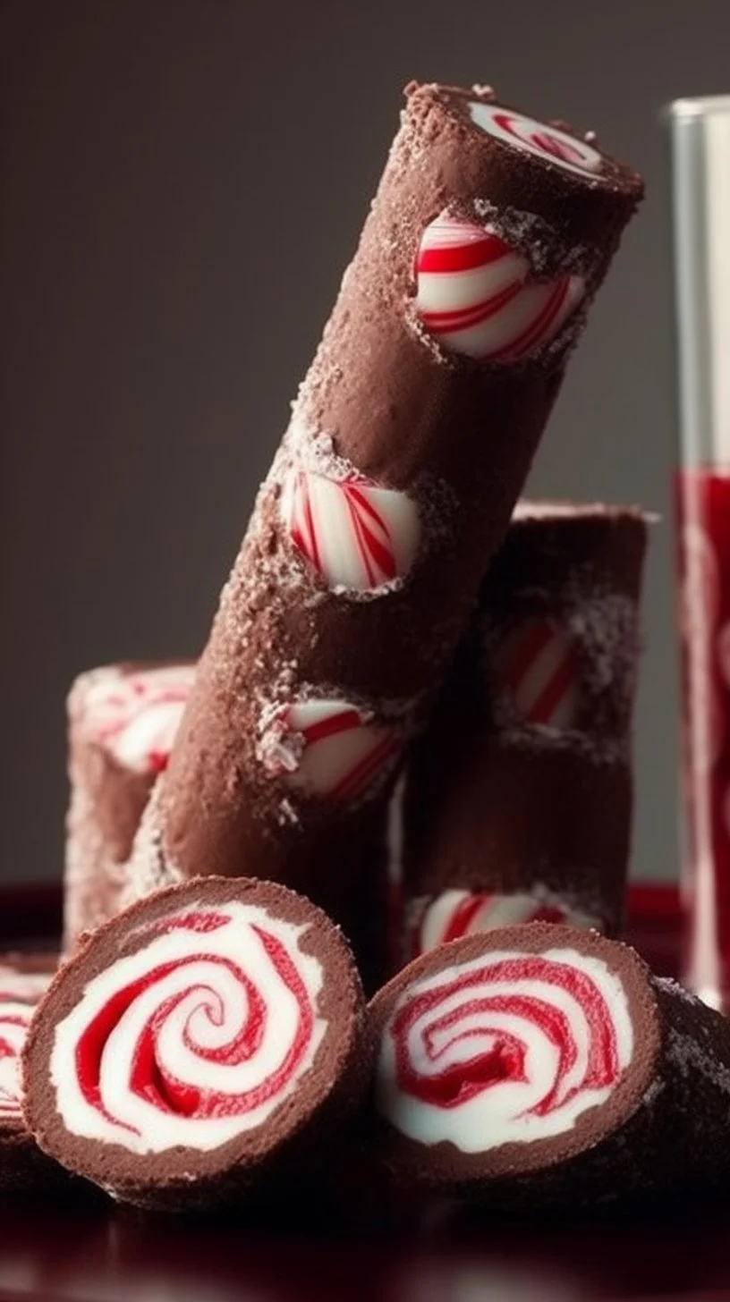 Peppermint chocolate roll cookies arranged on a festive plate
