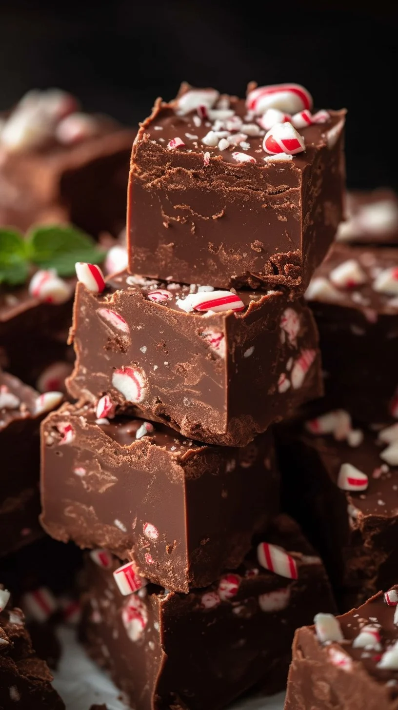 Delicious homemade peppermint fudge squares topped with crushed candy canes.