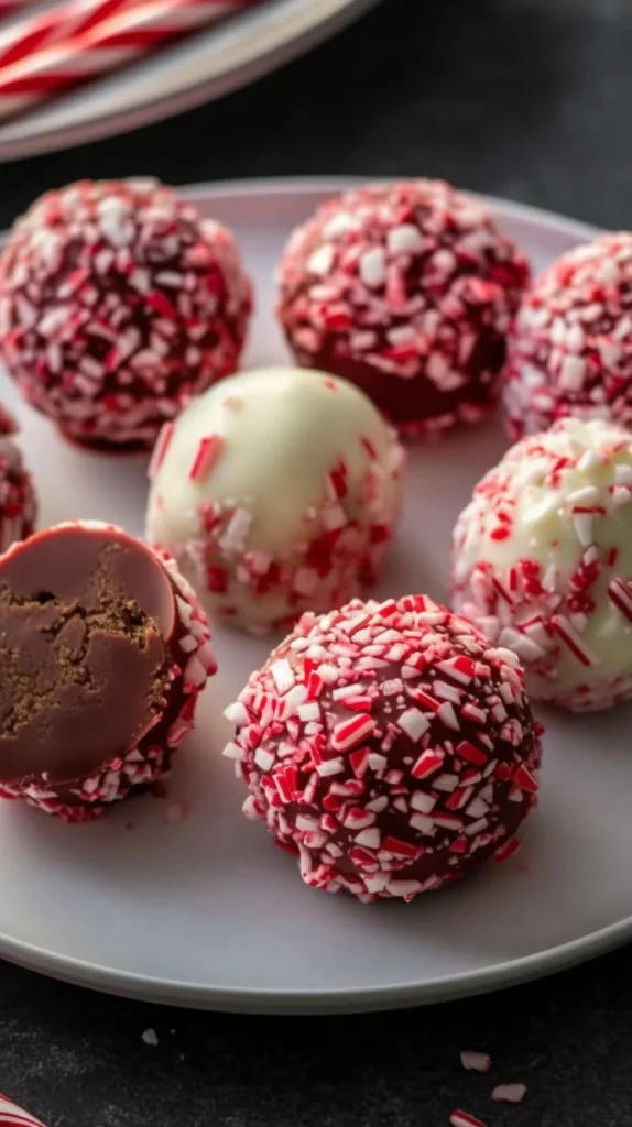 Delicious peppermint truffles garnished with crushed candy cane on a festive plate