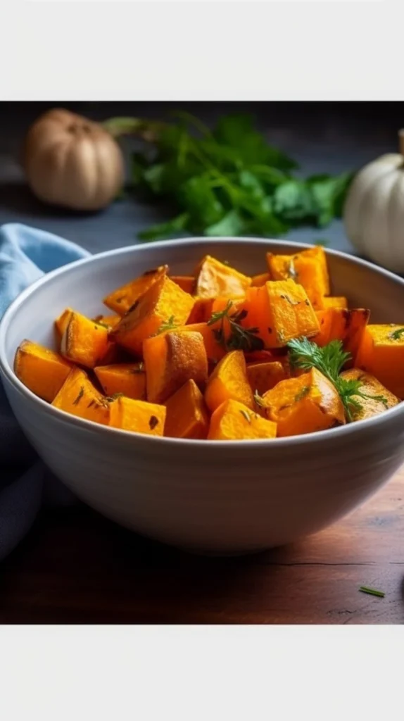 Perfectly roasted butternut squash served on a plate with herbs