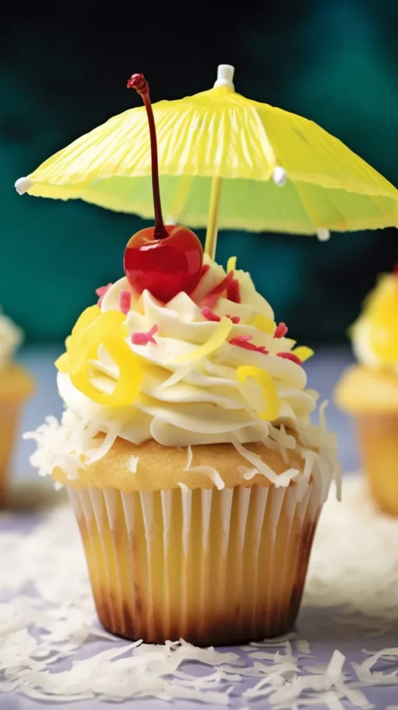 Delicious Pina Colada Cupcakes topped with pineapple and coconut frosting