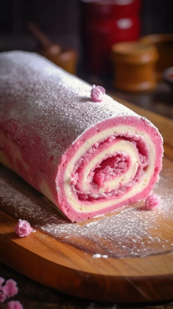 Pink Velvet Cake Roll with creamy filling and festive presentation
