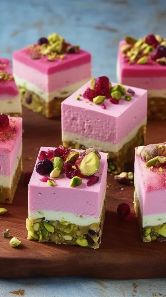 Pistachio and Cranberry Marshmallow Slice dessert on a plate